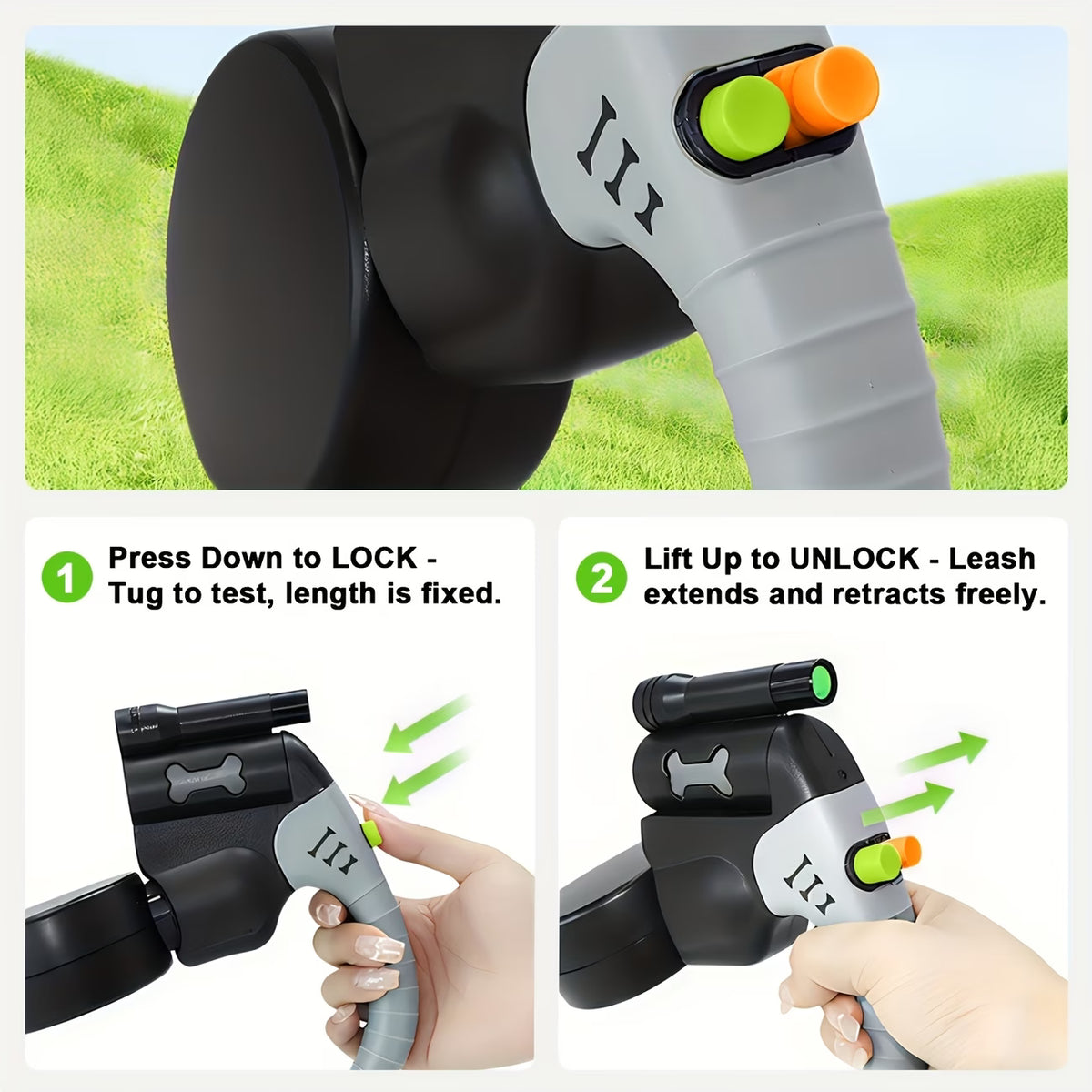 2-in-1 Heavy-Duty Retractable Dog Leash, Dual Head System with Quick-Lock & Tangle-Free Automatic