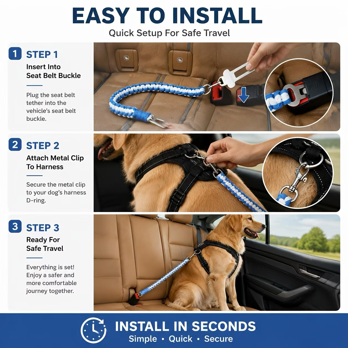 Braided Pet Car Seat Belt with Metal Clip