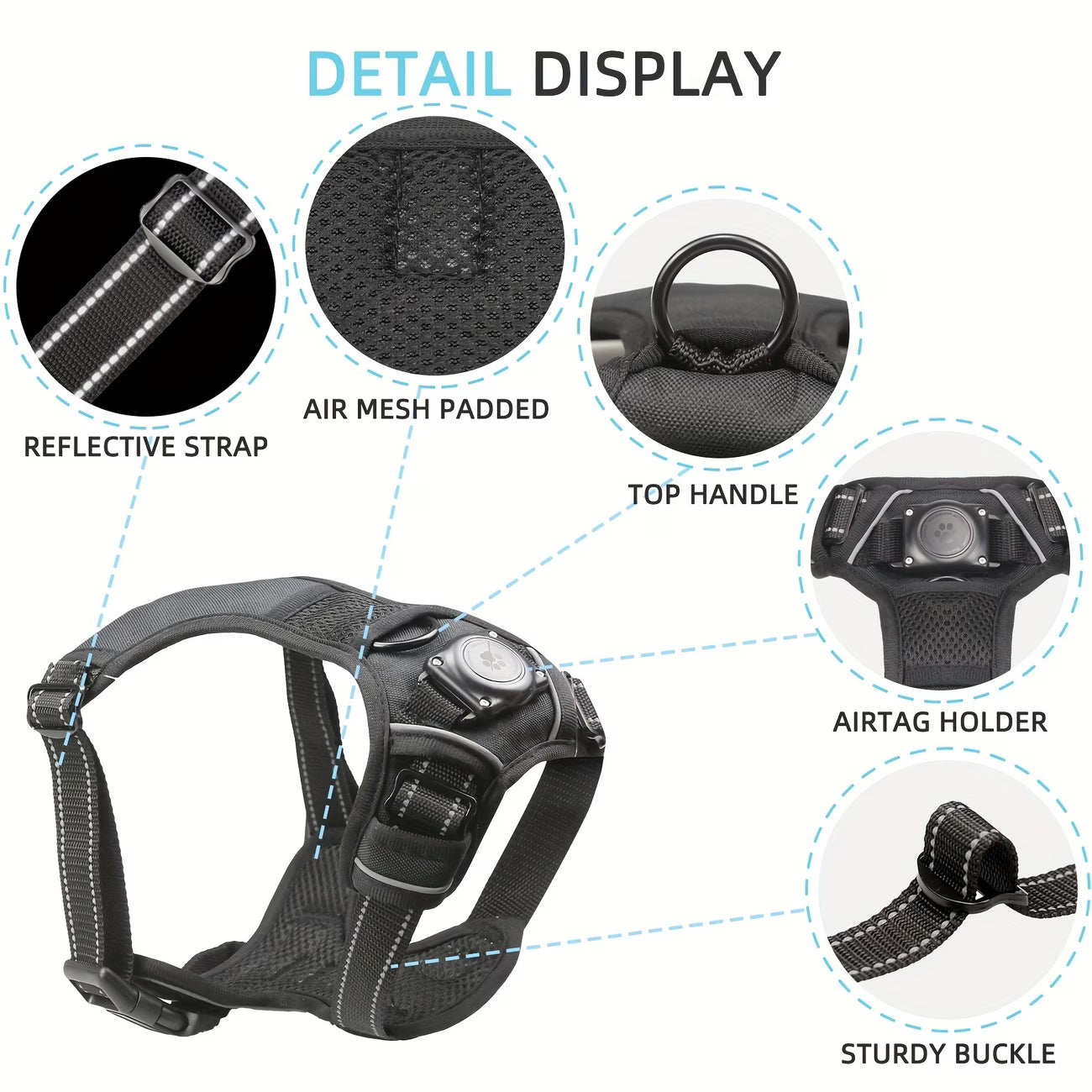 No-Pull Dog Harness with Airtag Holder - Reflective Vest, Choke-Free for Small to Large Dogs