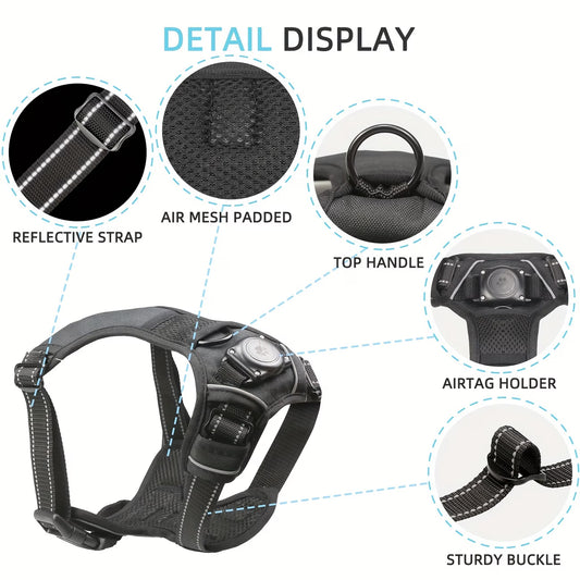 No-Pull Dog Harness with Airtag Holder - Reflective Vest, Choke-Free for Small to Large Dogs