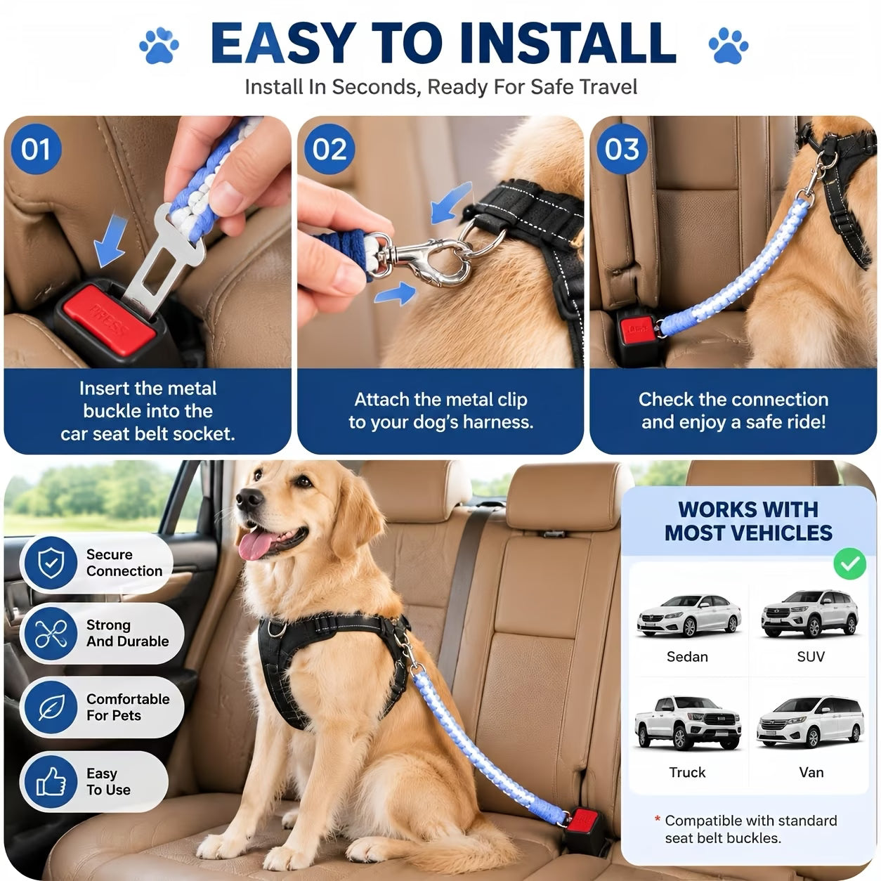 Braided Pet Car Seat Belt with Metal Clip
