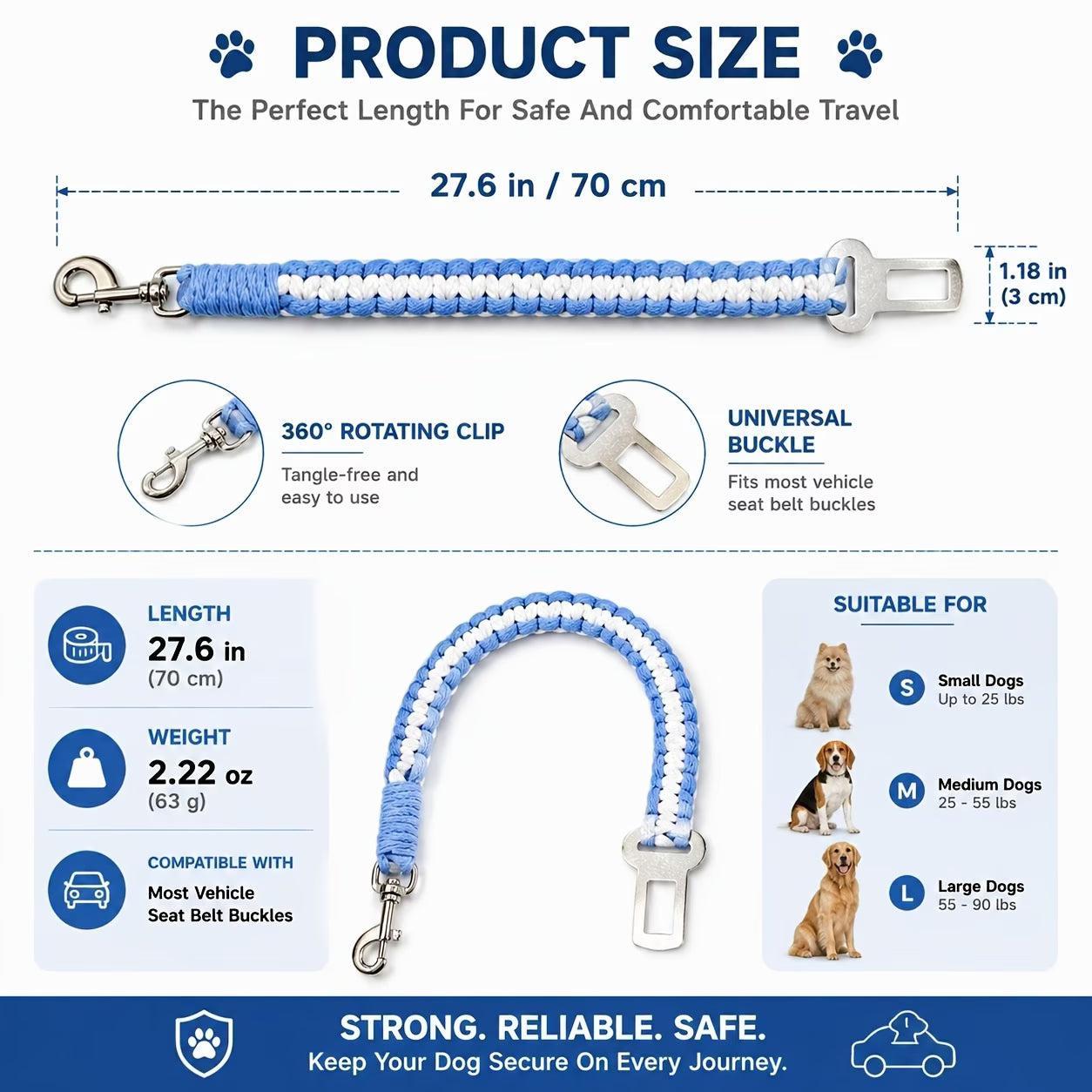 Braided Pet Car Seat Belt with Metal Clip